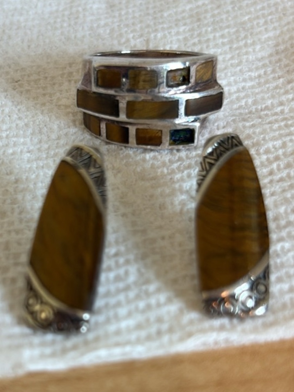 Tiger Eye Silver-Tone Ring and Earring Set Sterling ring size is 7.5